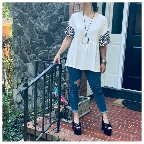 #26 Boho Leopard Trim sleeves tunic soft Flowy baby doll top - Picture 4 of 10